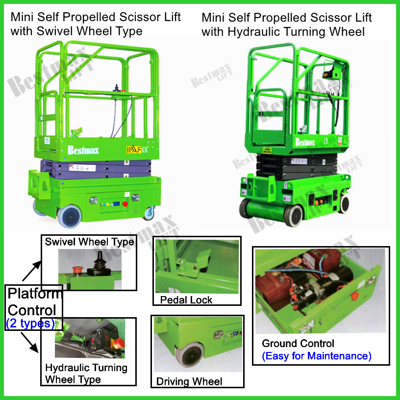 Self Propelled Hydraulic Turning Wheels Mini Scissor Lift Work Platform For 1 Man