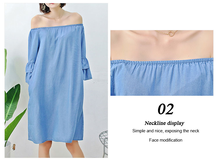 Young Ladies Denim Shirt Dress Off Shoulder Bat Wing Long Sleeve KneeLength