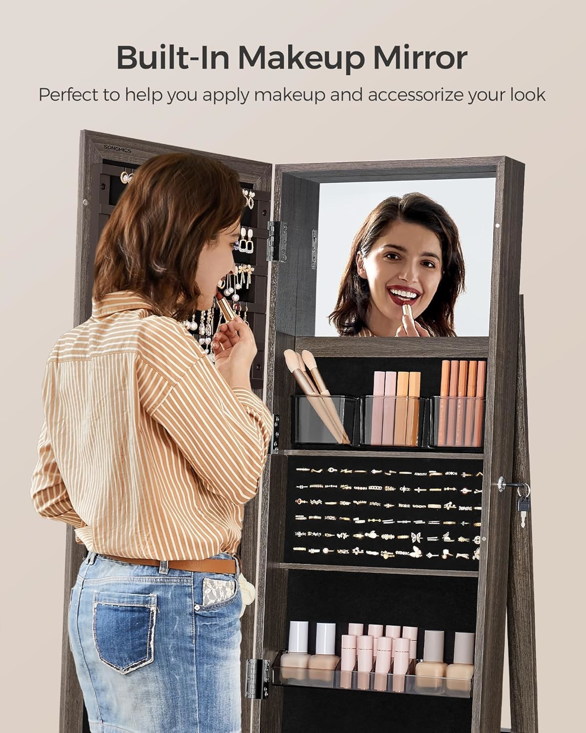 Brown 360° Swivel Jewelry Cabinet Rectangle Standing Mirror With Storage