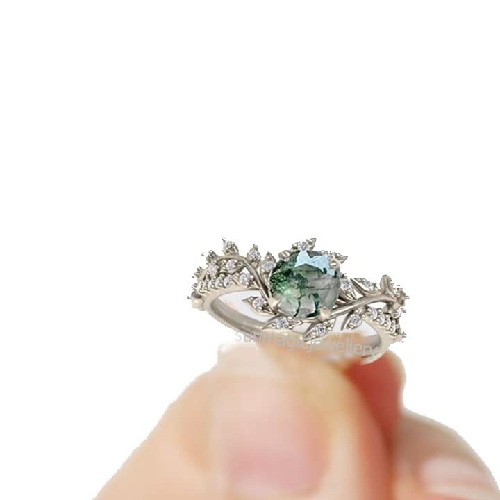 Leaf Shape 925 Sterling silver Center Stone Bridal Mossagate Engagement ring