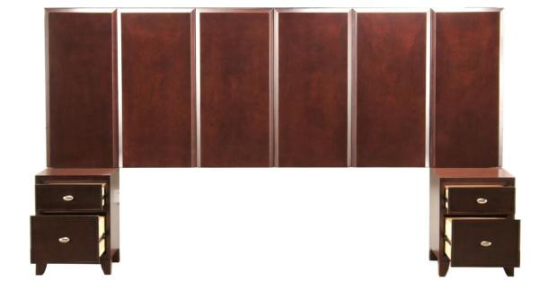 Walnut wood veneer wooden king size headboard with night stands of hotel bedroom