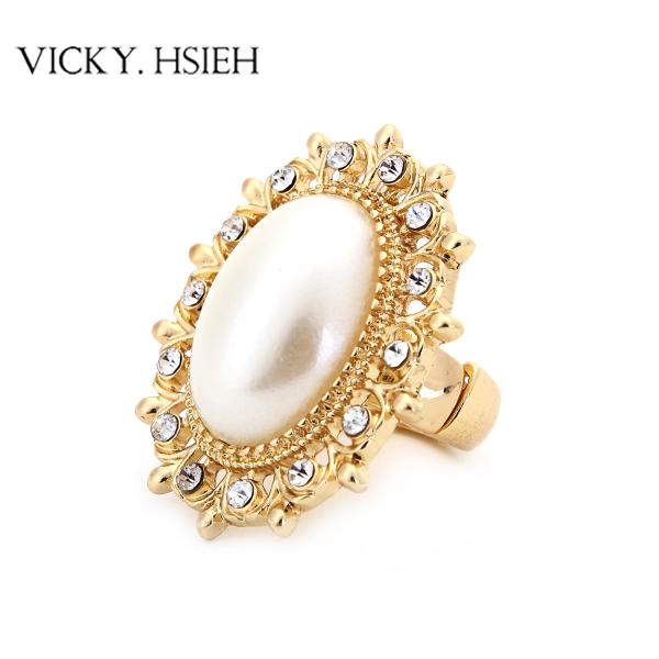 VICKY.HSIEH Gold Tone Crystal Rhinestone Pave Lace Stretch Statement Rings with
