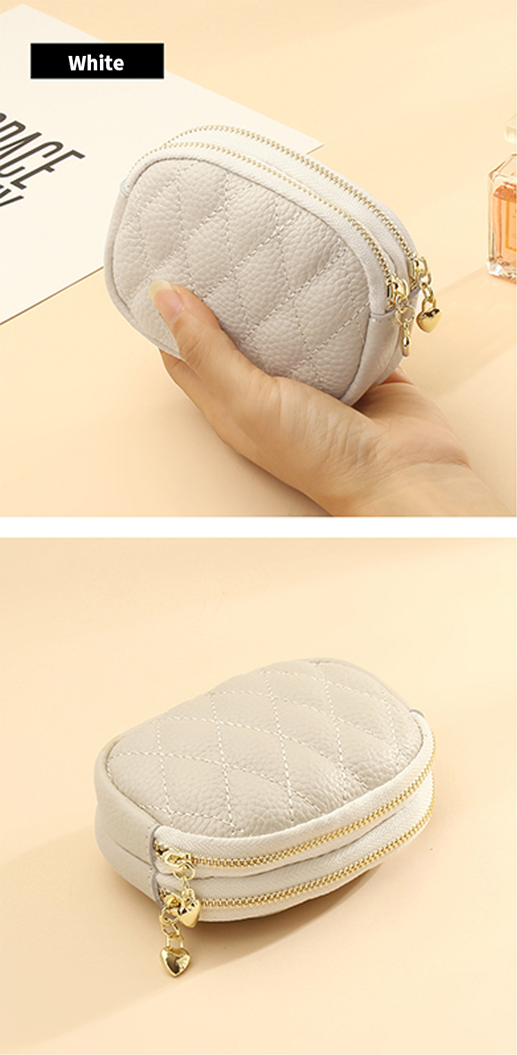 Double Zippers Genuine Leather Mini Keychain Coin Pouch for Women's Daily Needs