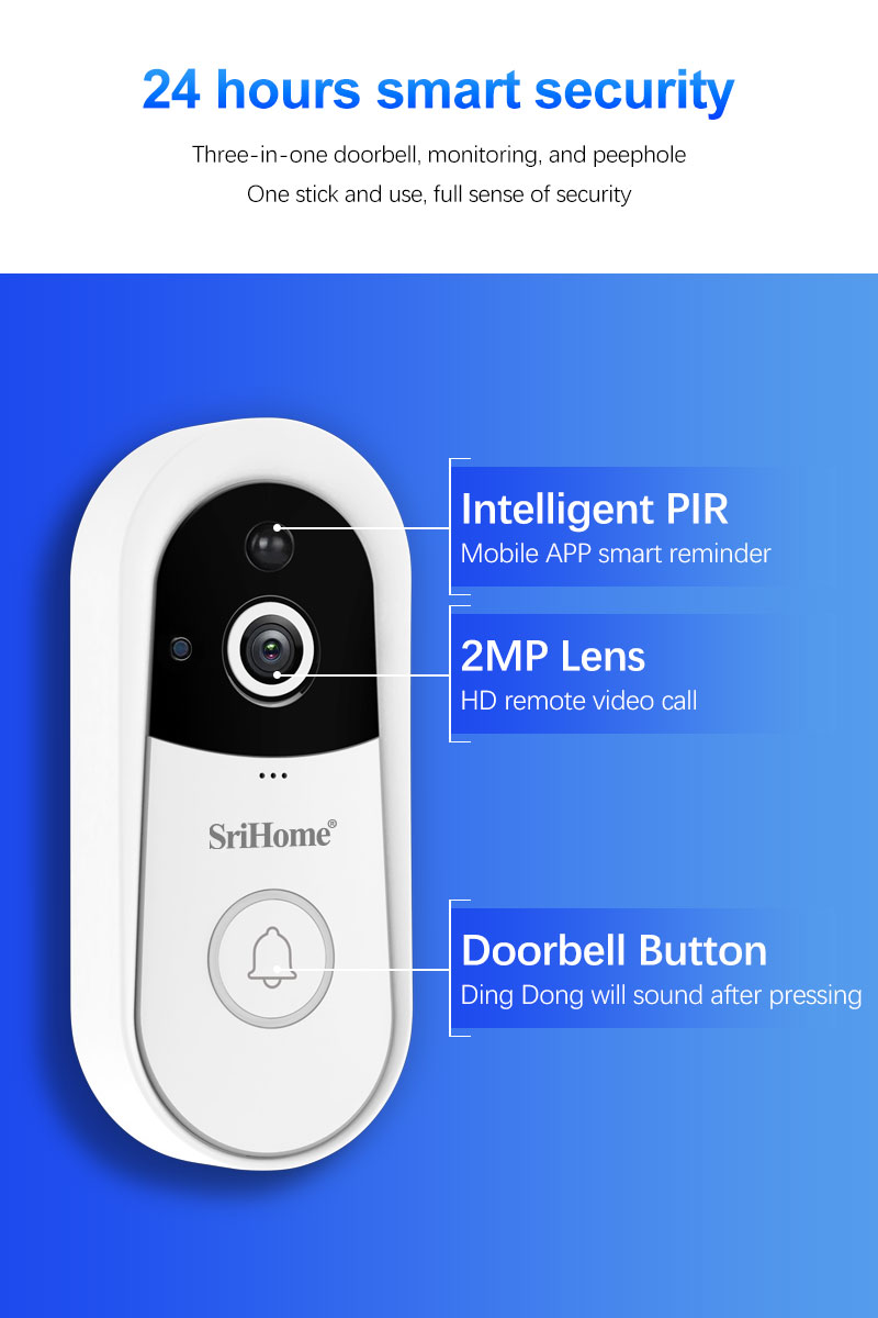 Two-Way Audio Smart Ringtone Reminder PIR Remote Monitoring Doorbell Battery Wireless Camera