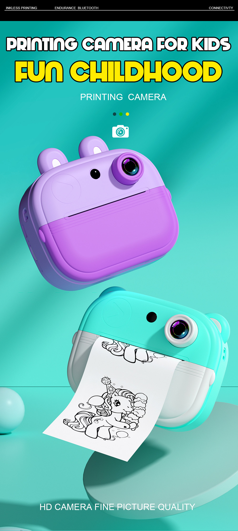 Kids Entertainment Mini Inkless Printer Portable For Stickers 3.7V