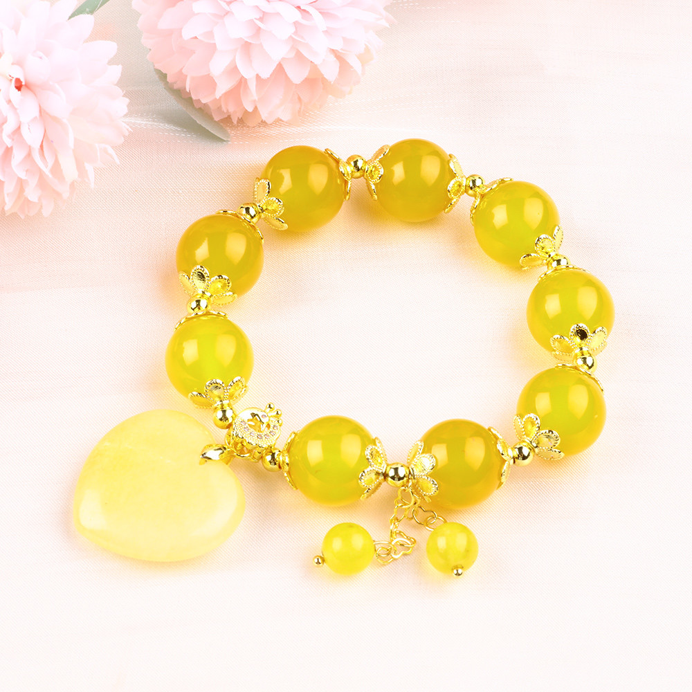 14MM Natural Energy Yellow Chalcedony With Yellow Jade Heart Carving Lucky Crystal Bead Bracelet