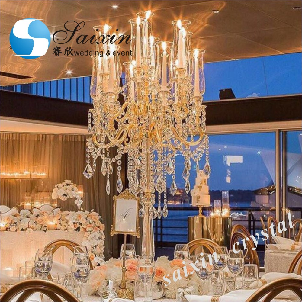 10 Arms Plated Gold Candelabra Candle Holder Standing Chandelier 1m Base 180cm