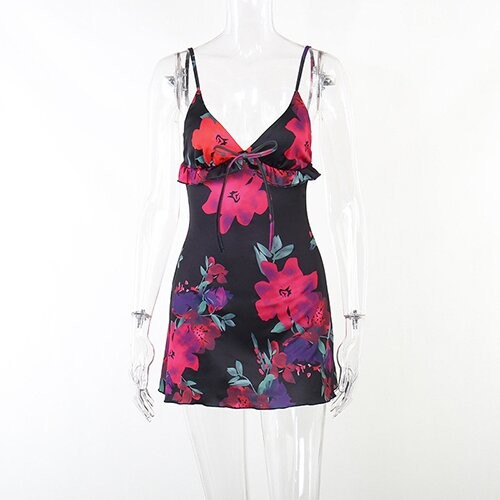 OEM maufactory European and American polyrster sleeveless short skirt sexy V -neck rose printed ruffled camisole dress