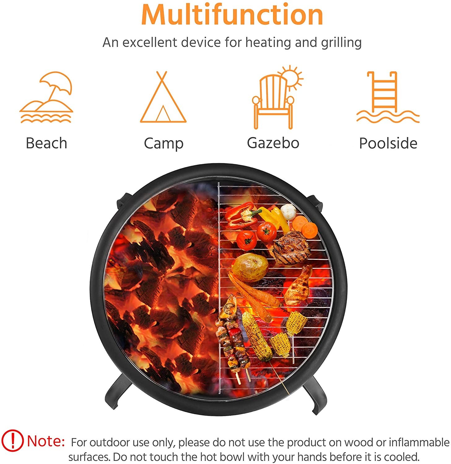 22in Folding Charcoal Fire Pit BBQ Fireplace With Steel Grill For Outdoor Camping