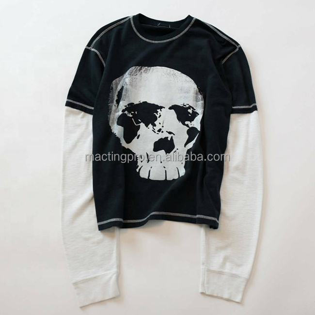 Hip Hop Style Custom Double Layer Long Sleeve T Shirt Double Shaded Shirts With Printed Skull Graphic