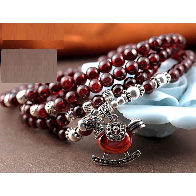 5mm Round Genuine Garnet Beads Bracelet with 925 Silver Marcasite Horse Garnet Charm (B120706)