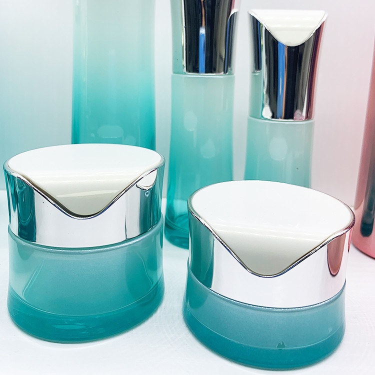30g 50g 50ml 100ml Cosmetic Jar Packaging Set Clear Blue Bottle Silver Cap
