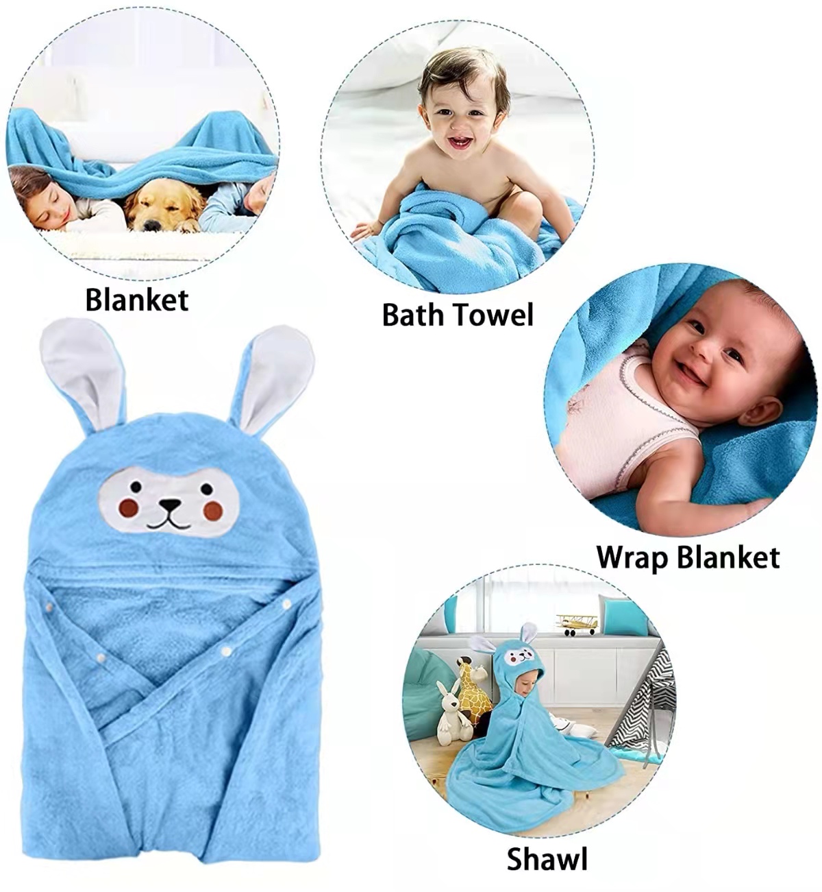 Cartoon Animal Kids Soft Microfiber Coral Fleece Hooded Bath Towel for Boys and Girls