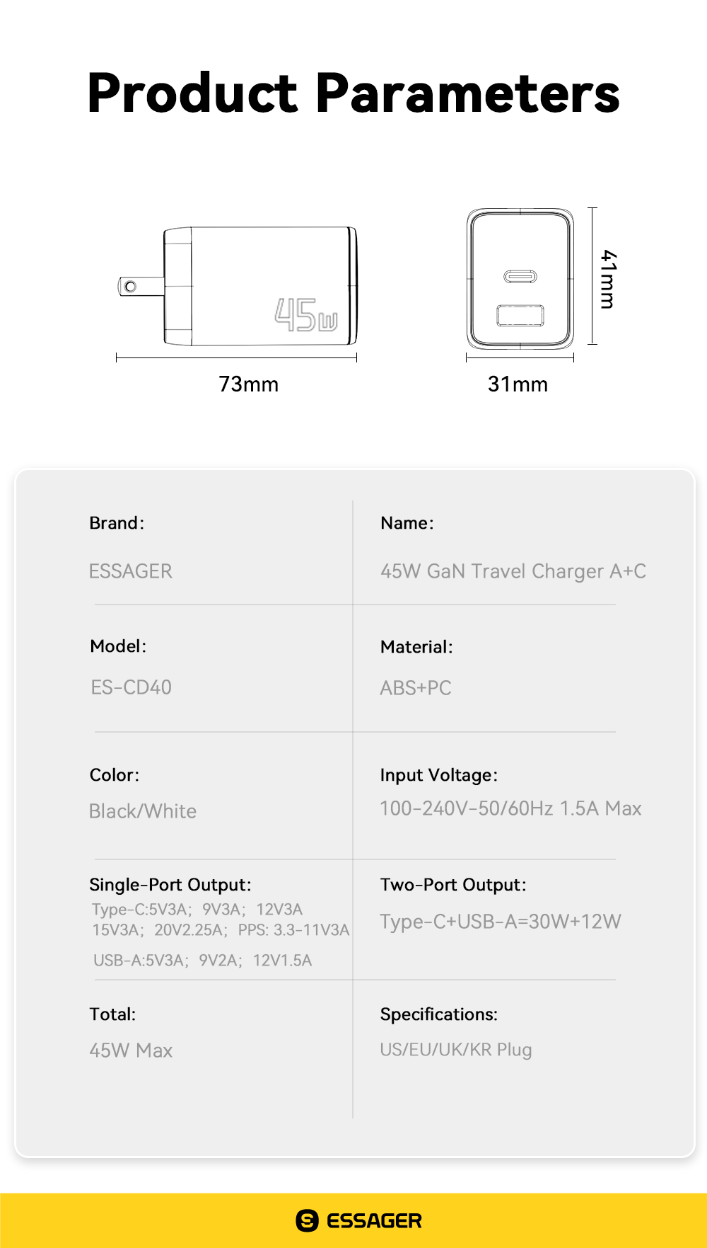 ESSAGER ES-CD40 Series PD GaN Charger QC4.0 QC3.0 QC2.0 Dual 2 Ports USB C 45W