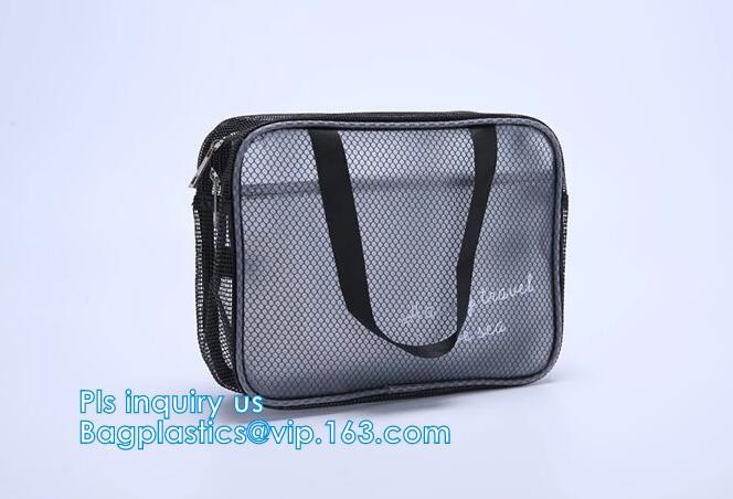 Embroidery Logo black nylon mesh cosmetic bag with zipper, mesh net zipper cosmetic makeup bag with custom logo, Women M