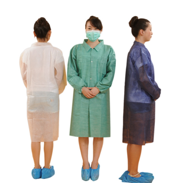 SMS/PP S-3XL Disposable Non Woven Lab Coat With Collar And Snap Button Closure