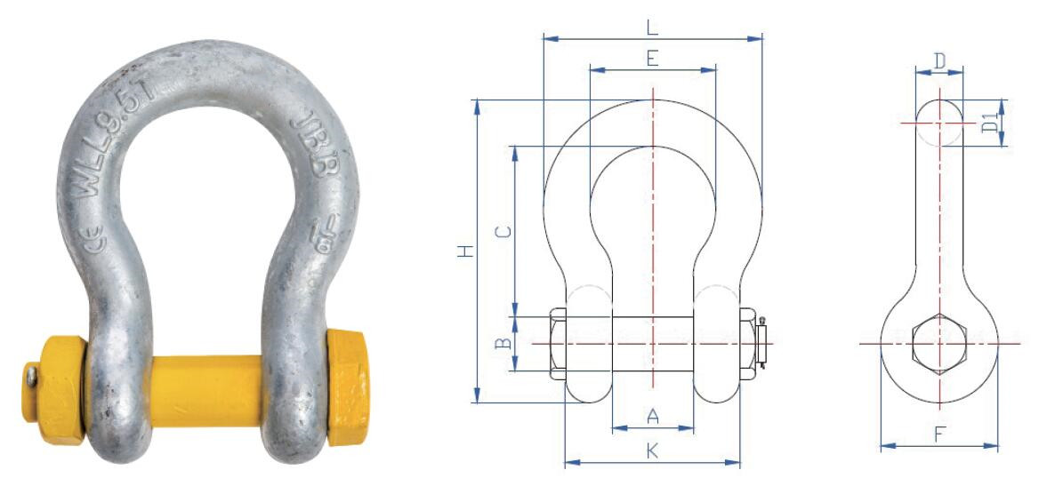1-1/8" WLL 9.5 Tonne Wide Body Shackles With Safety Bolt