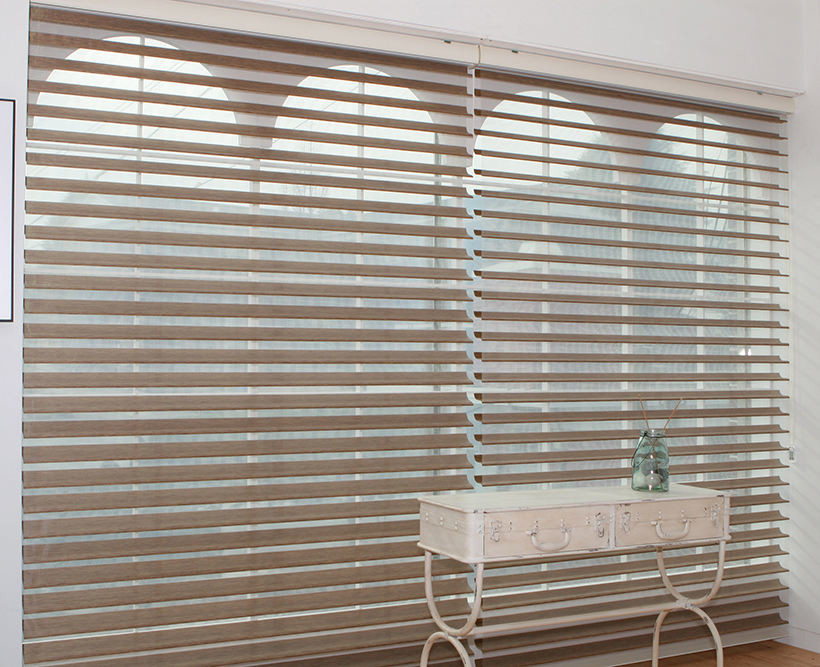 Eco Friendly Electric Cordless Curtain Blinds Shangrila Striped Sheer Automatic