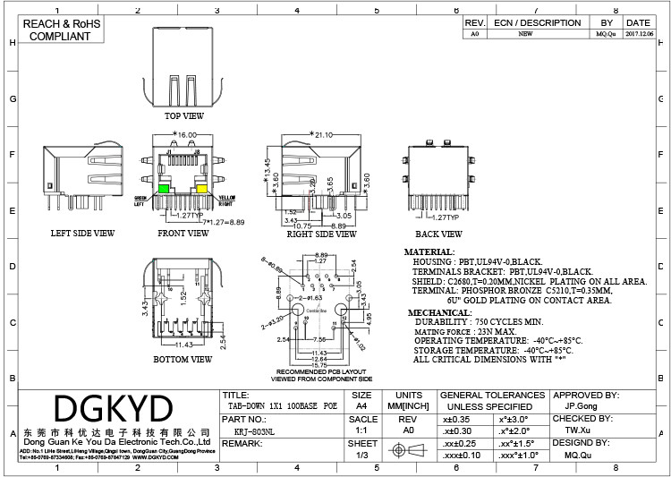 KRJ-803NL 8P8C With Transformer Cat5 RJ45 Female Connector