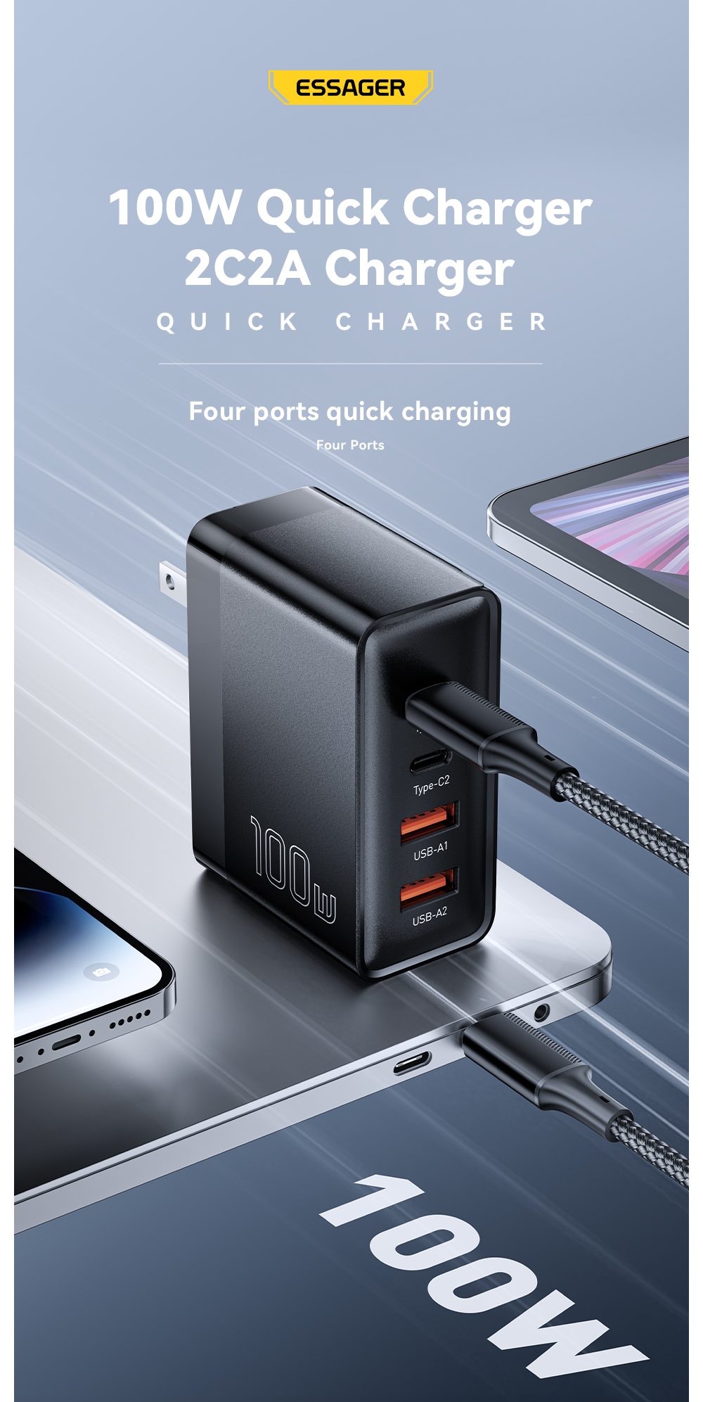 ESSAGER ES-CD37 Series GaN Chargers 100W USB A USB C PD Charger