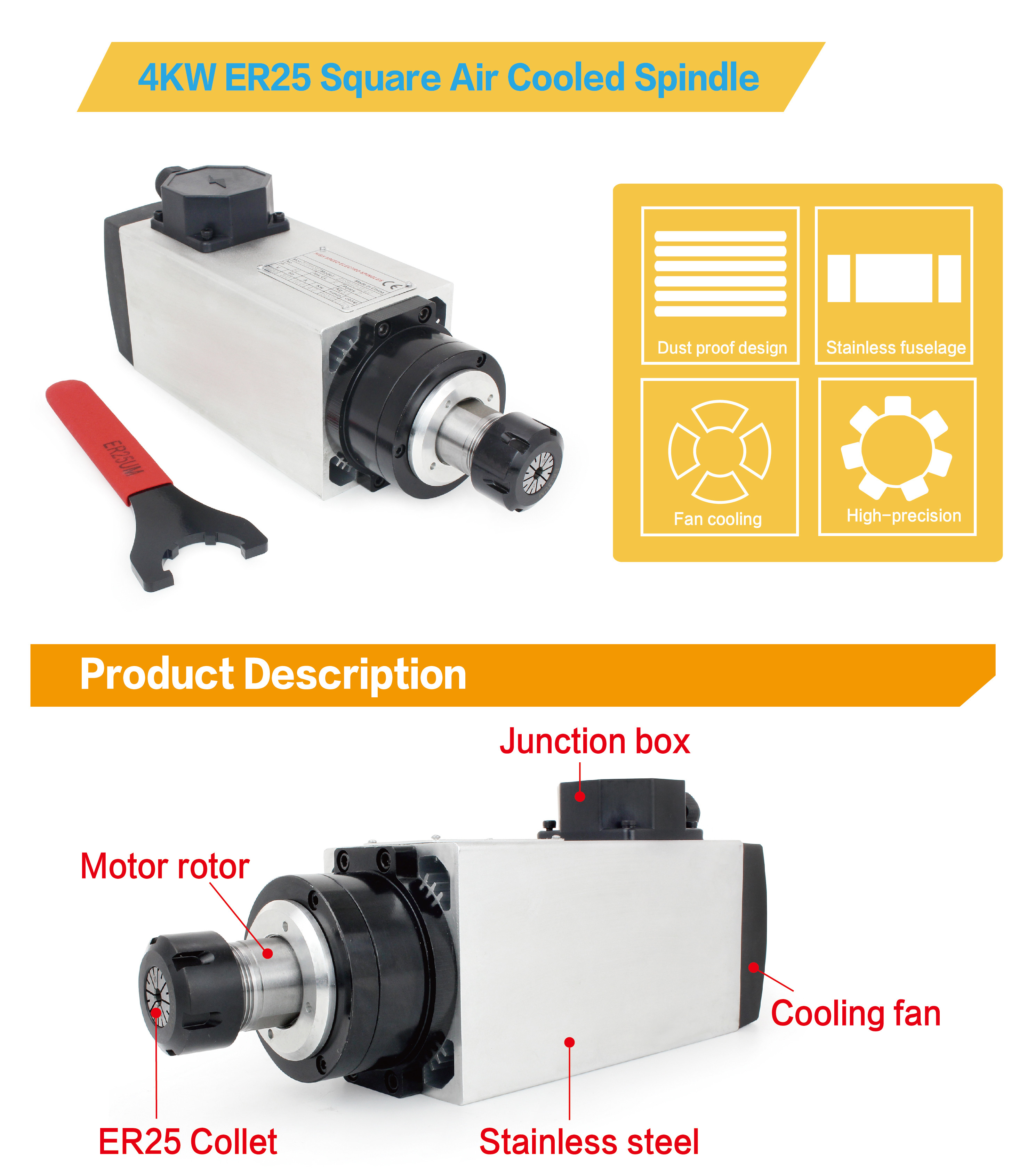 4KW CNC Spindle Motor ER20 Collect 18000RPM for CNC Router Engraving Machine