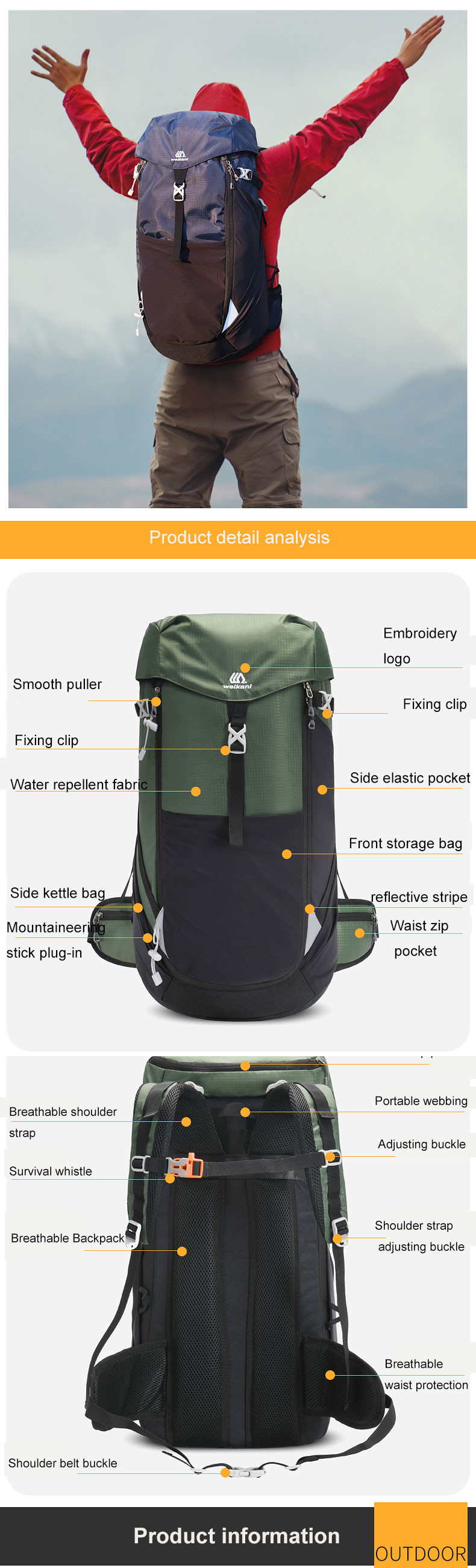 Outdoor 50L Waterproof Backpack ODM Ultralight Camping Backpack Nylon