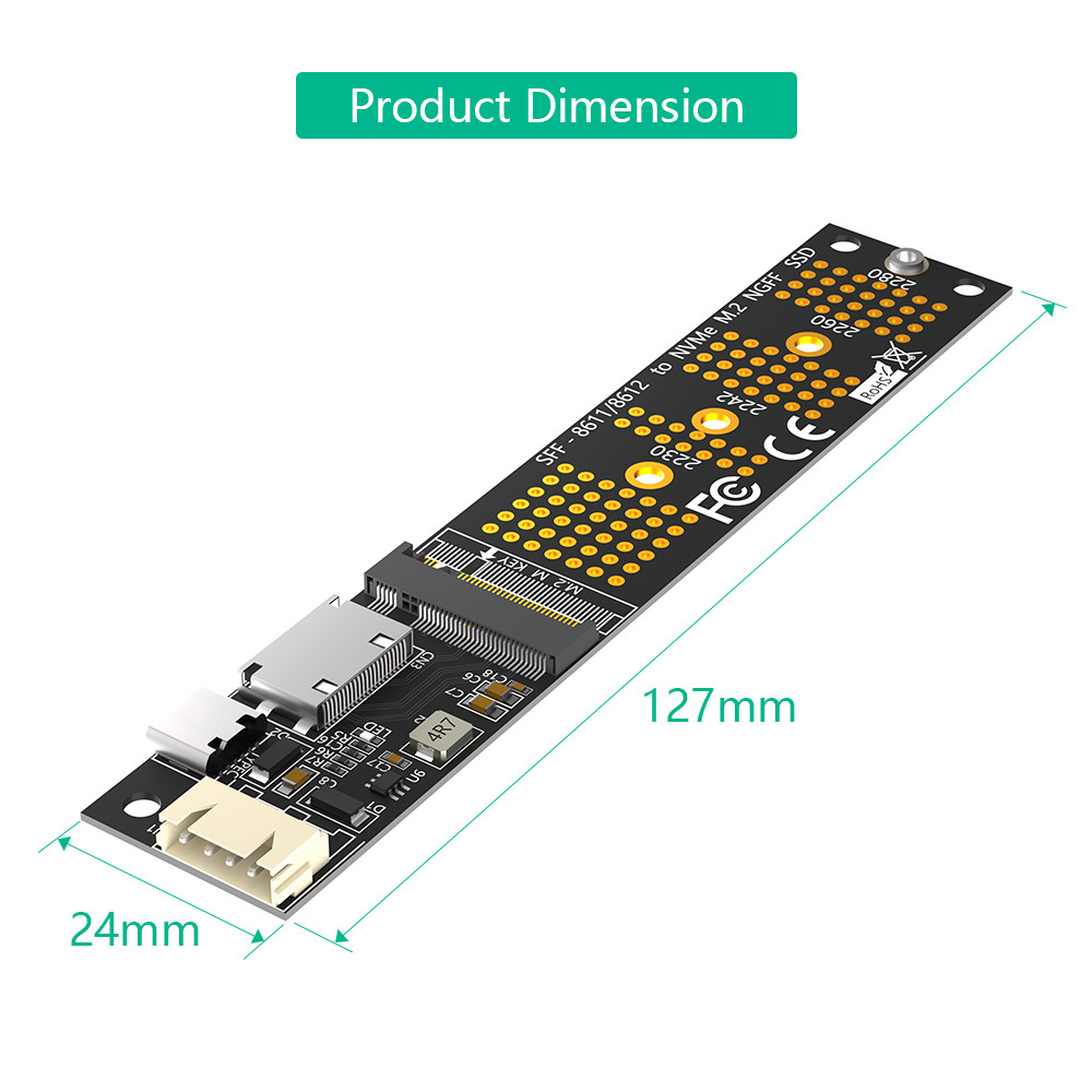 Oculink SFF-8611/SFF-8612 + SATA 15PIN Connector to M.2 NGFF Key-M 2230 2242 2260 2280 M2 NVME SSD Converter Adapter Card