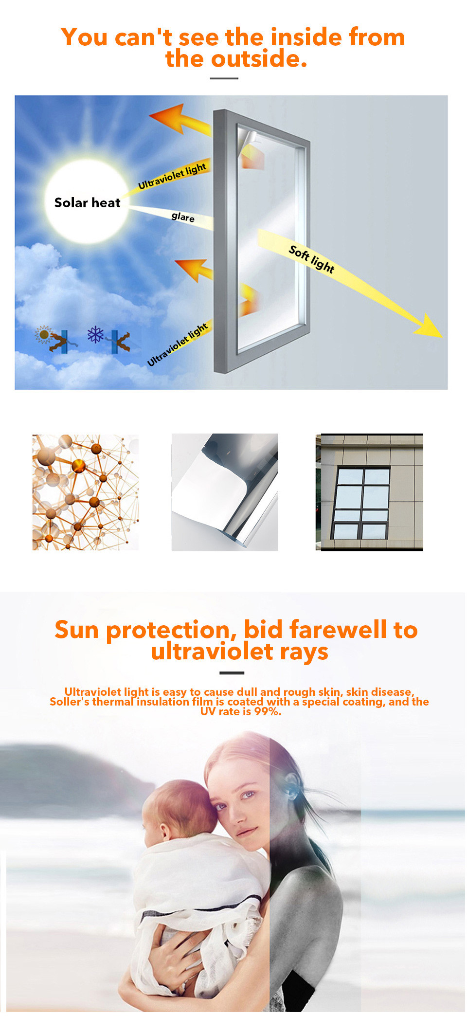 Building Privacy Window Film One Way Mirror Reflective Window Film Glass Foil Silver Insulation Tint Film