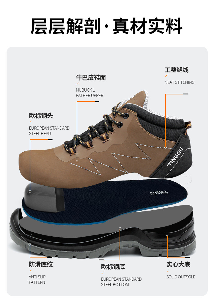 Anti-static Steel Toe Safety Boots Genuine Leather Work Shoes With Steel Plate Midsole PU Sole