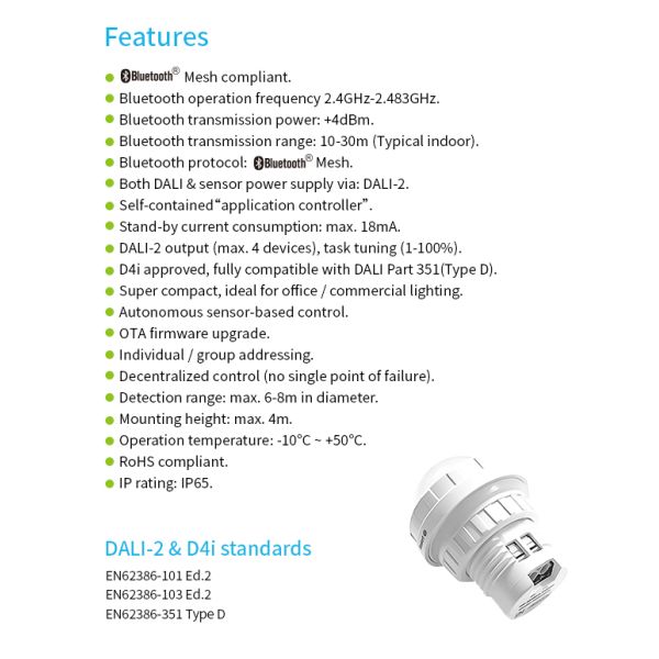 Zhaga Book20 Based SILVAIR Bluetooth Mesh PIR motion sensor, DALI-2 D4i output, self-contained "application controller"