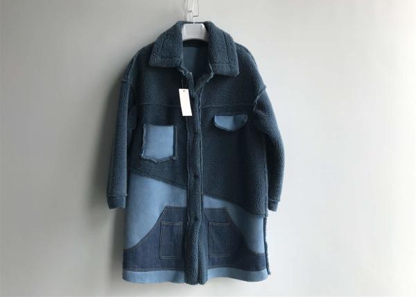 Denim Patch Pocket Sheep Faux Fur Jacket Blue Contrast Long Shearling Blocked
