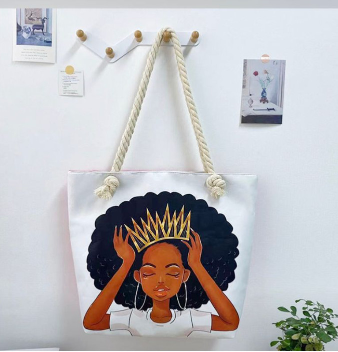 African American Women Black Shoulder polyester canvas tote bag Handbag Fit Work Beach Laptops With Zip