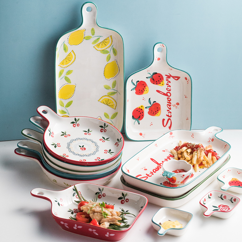Custom Printing Ceramic Plate Set , Pizza Ceramic Bake Pan With Double Handle OEM