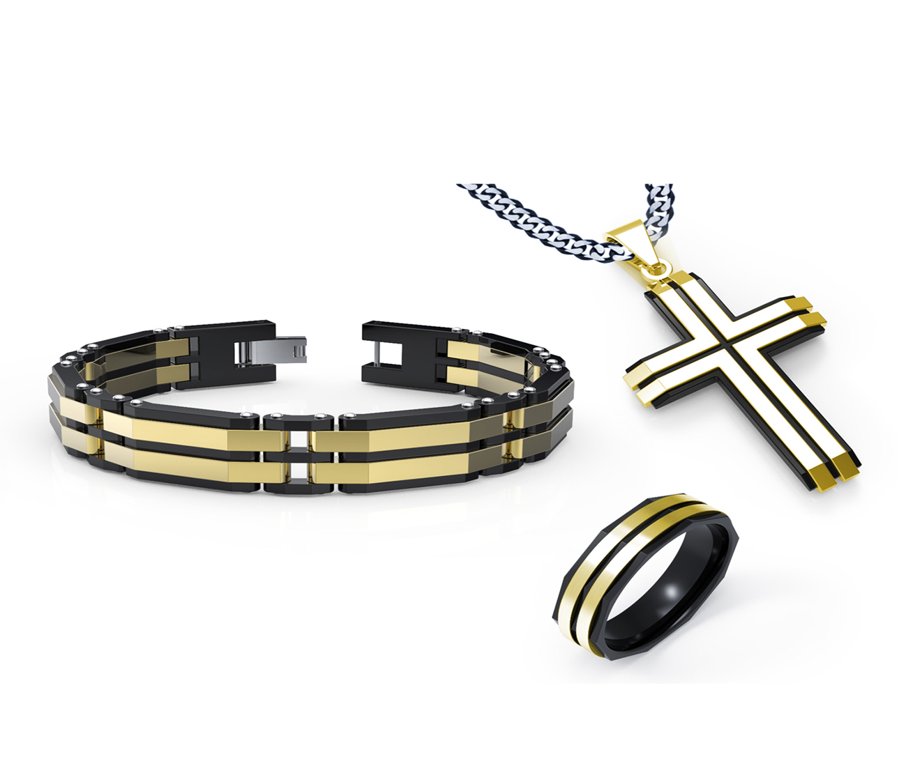 Luxury Stainless Steel Jewelry Set For Men Religion Cross Necklace Bracelet Ring Set