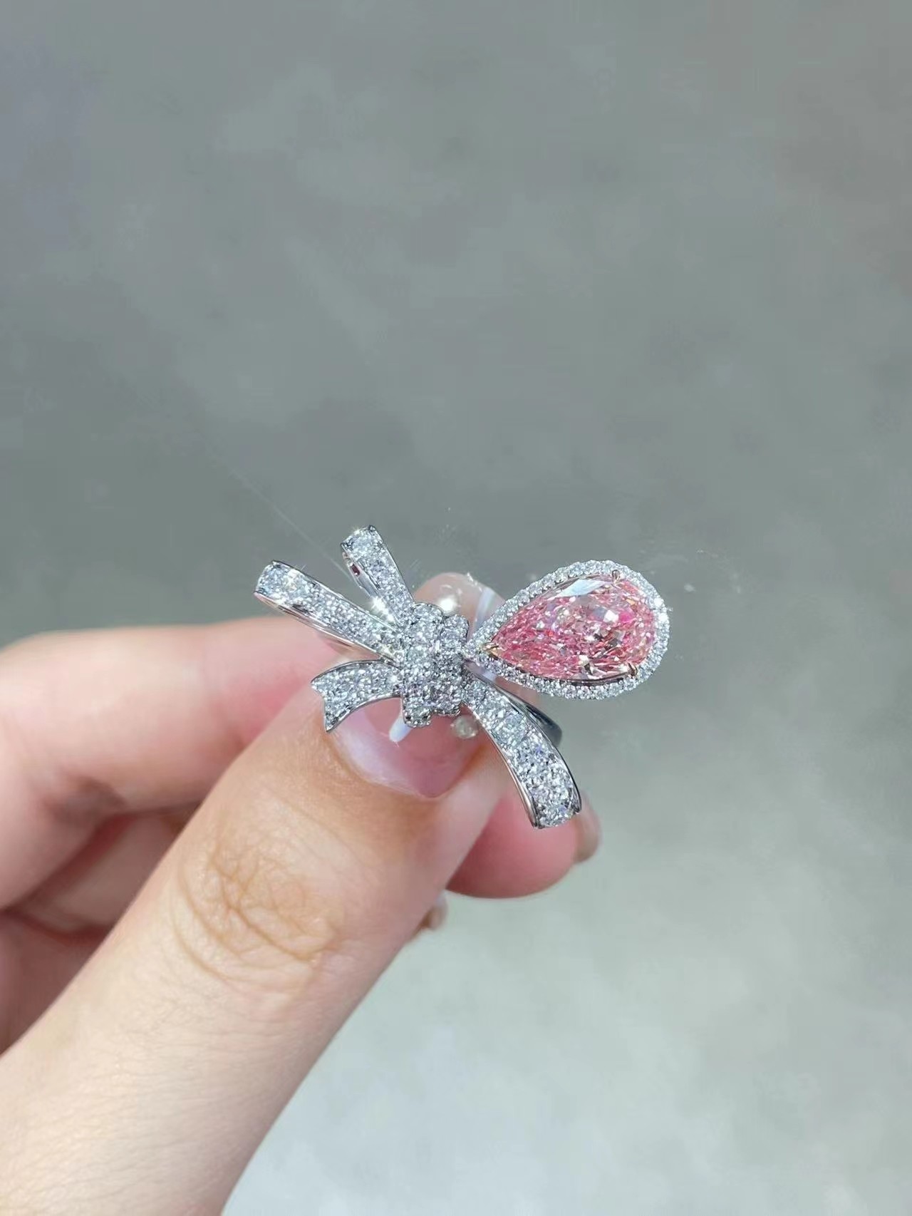 Lab Grown Light Pink Pear Shape CVD Synthetic Diamond Ring 18k White Gold Rings