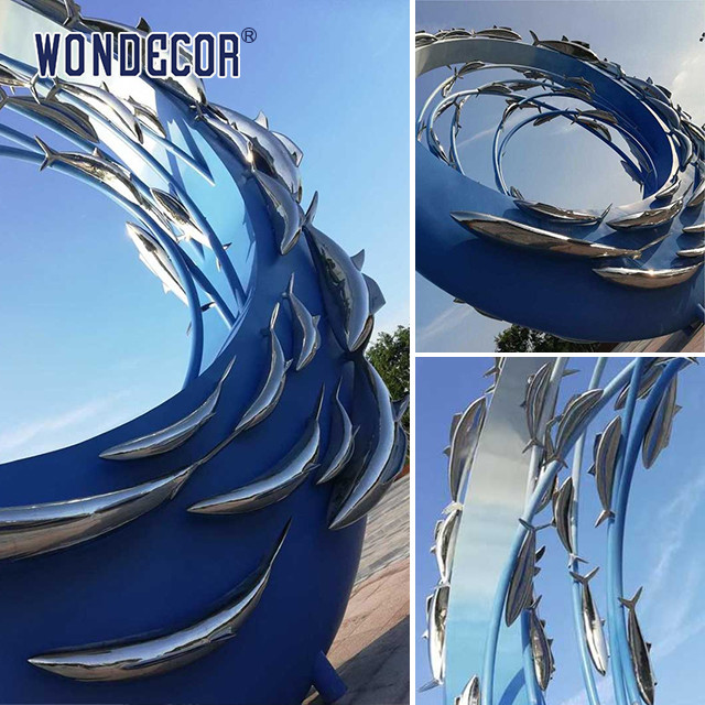 Large Outdoor Metal Art Abstract Marine Animal Swimming Fish School Stainless Steel Sculpture