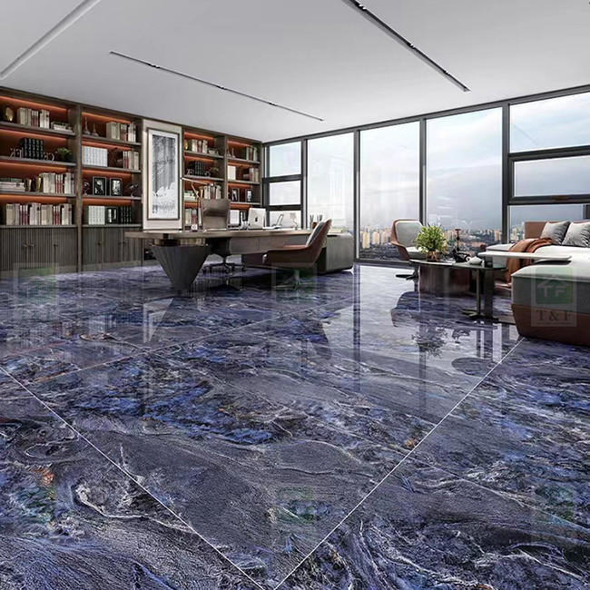 Apartment Glazed Polished Porcelain Tiles 60x120 Full Body Blue Glossy Interior