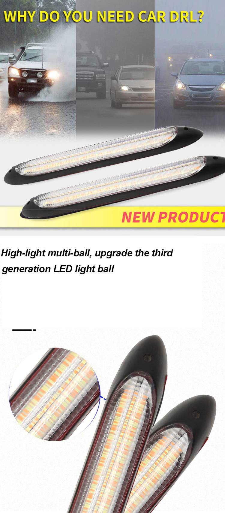 Drl Emergency Warning Car Headlight Led Tube Two Color Streamer Turn Signal