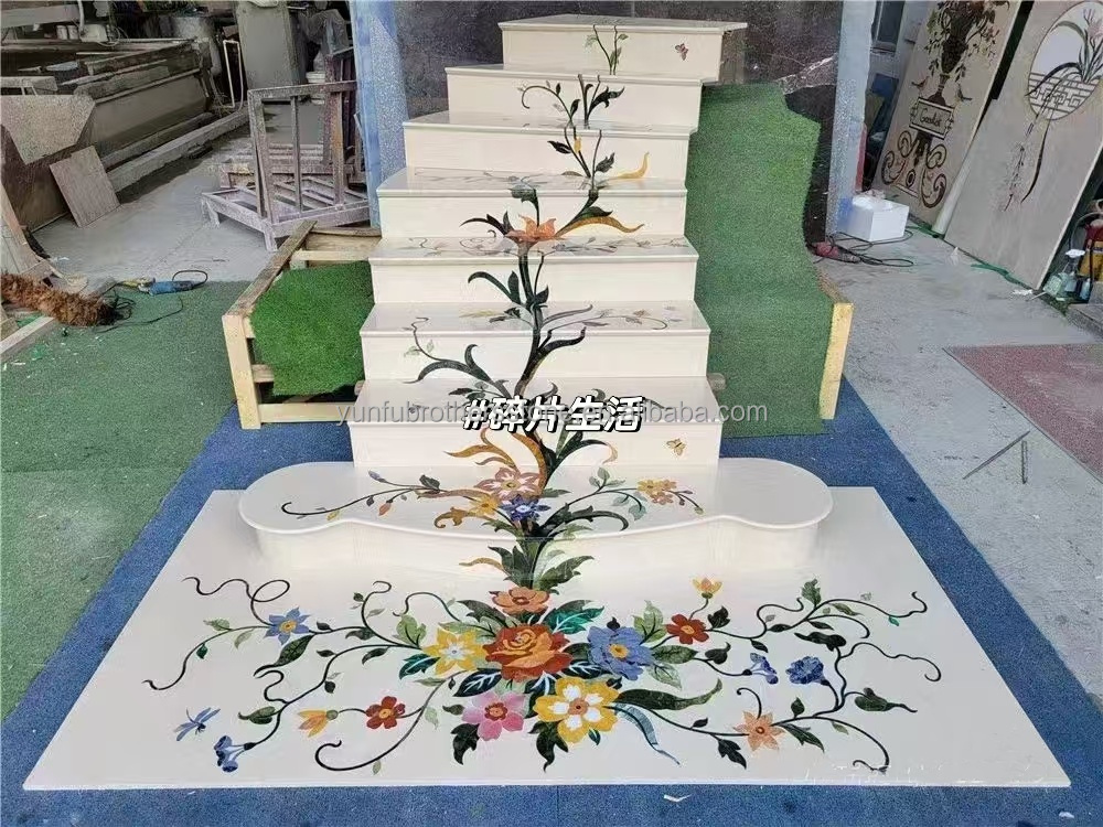 Modern Anti-Slip Beige Marble Waterjet Steps and Treads for Villas Spiral Staircase