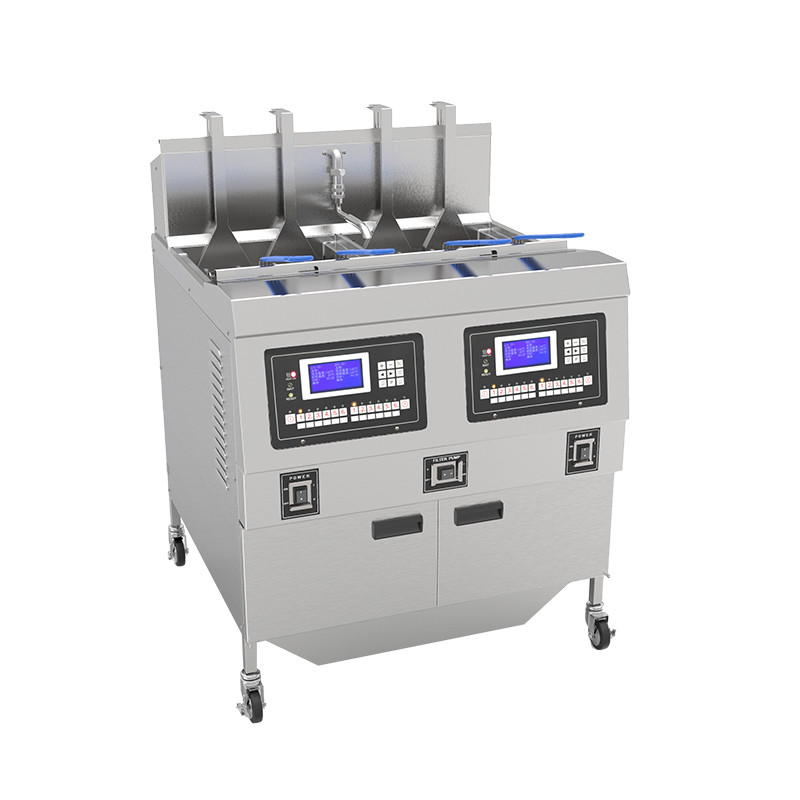 Two Pots Four Baskets Gas Heating Chips Open Deep Fryer With Oil Filtration