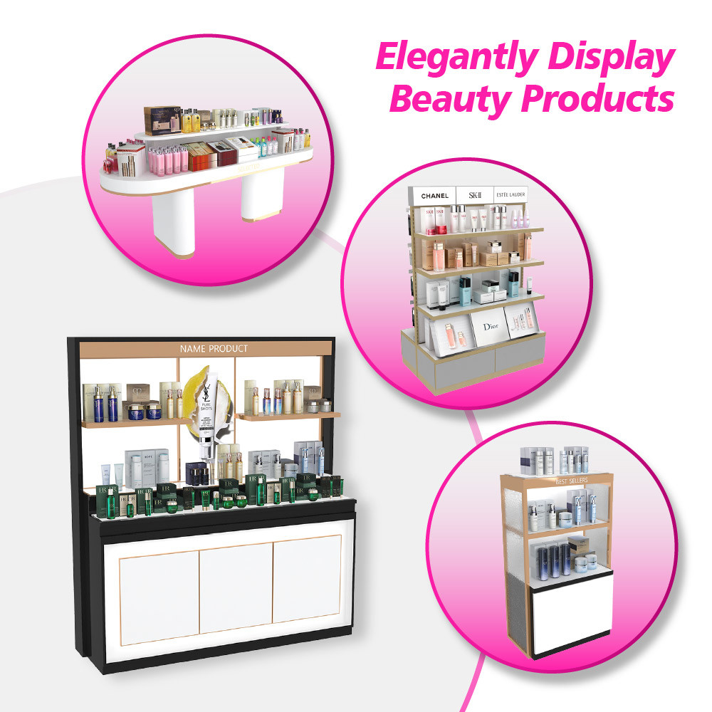 TJiS-B2 Shiny Silver Wallpaper Skincare Display Cabinet with 40mm Light Box