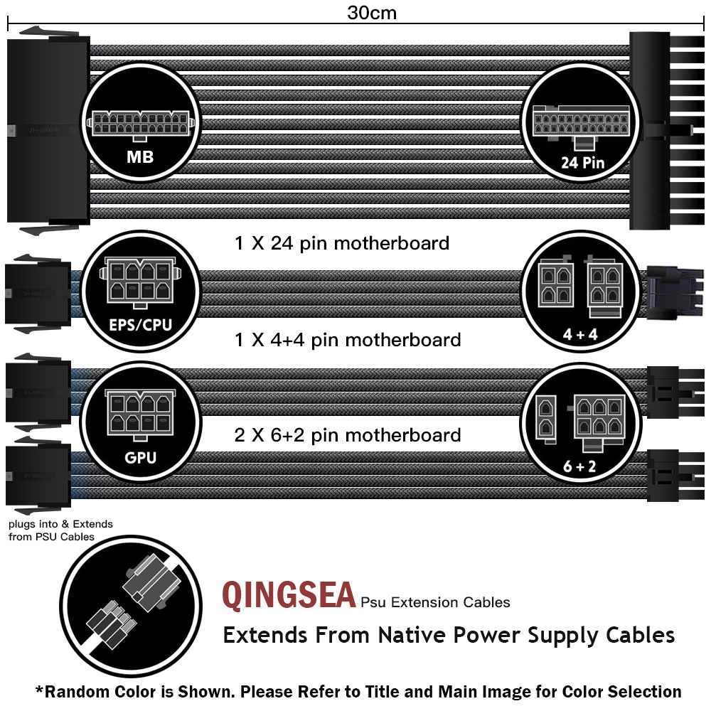 Hot Selling Arc Cable Cotton Sleeved Computer PC ATX Used Male to Female Stripped Curved Extension Cord 18AWG 300mm