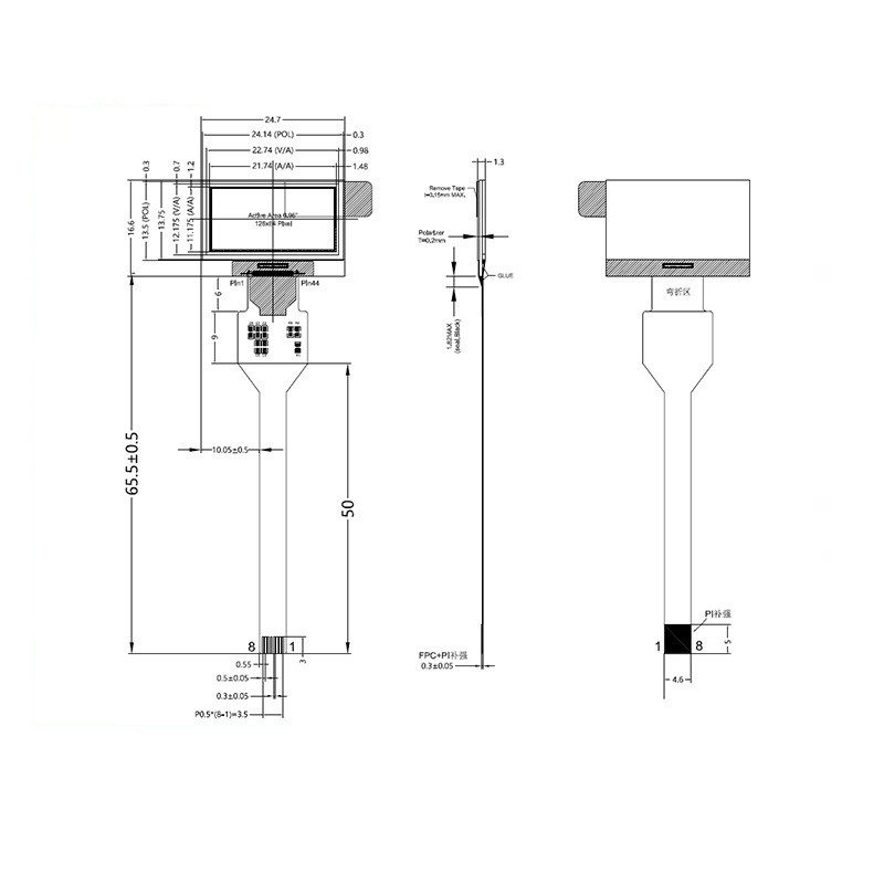 0.96 Inch PMOLED Display Module 128X64 Dots 8PINS SPI Interface Driving IC SSD1315