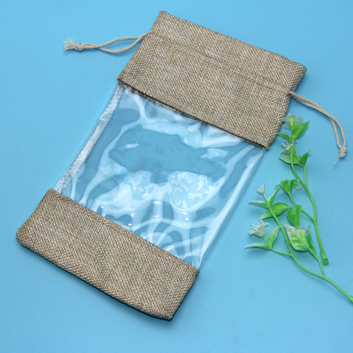 Dry Flower Package Transparent PVC Window Jute Drawstring Bag