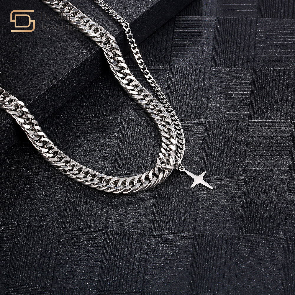 Hip Hop Cuban Link Chain Necklace Titanium Steel Cross Pendant Double Layer