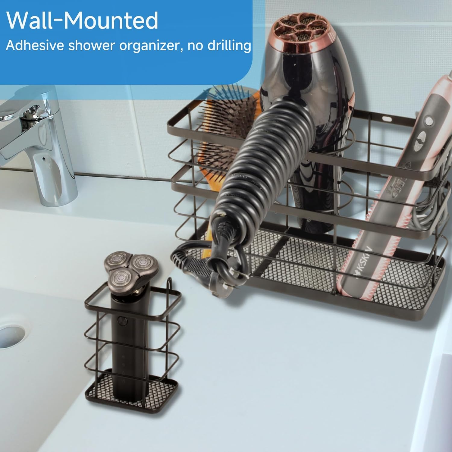 High Carbon Steel Wall Mounted Blow Dryer Holder for Under Sink Bathroom Organization
