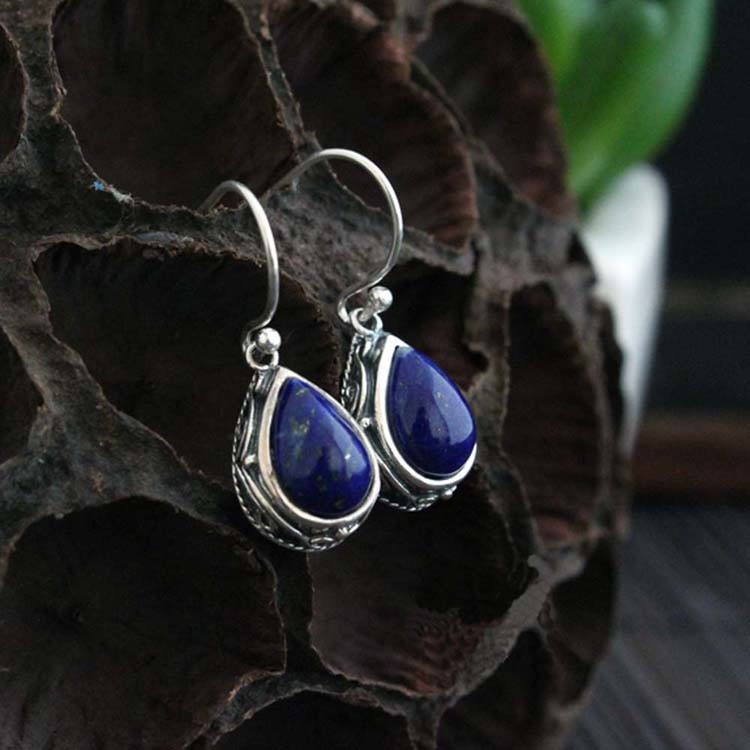Thai Sterling Silver Natural Lapis Lazuli Drop Dangel Retro Earrings (043143W)