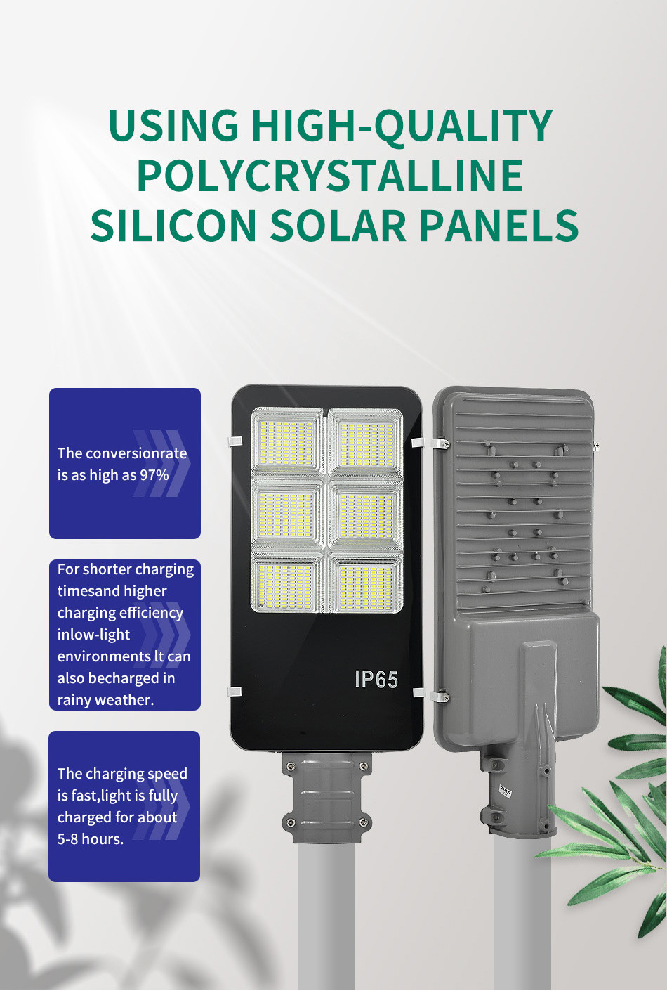 Ip65 Waterproof aluminum Solar Powered LED Street Light Brightness LED Chips With Pole