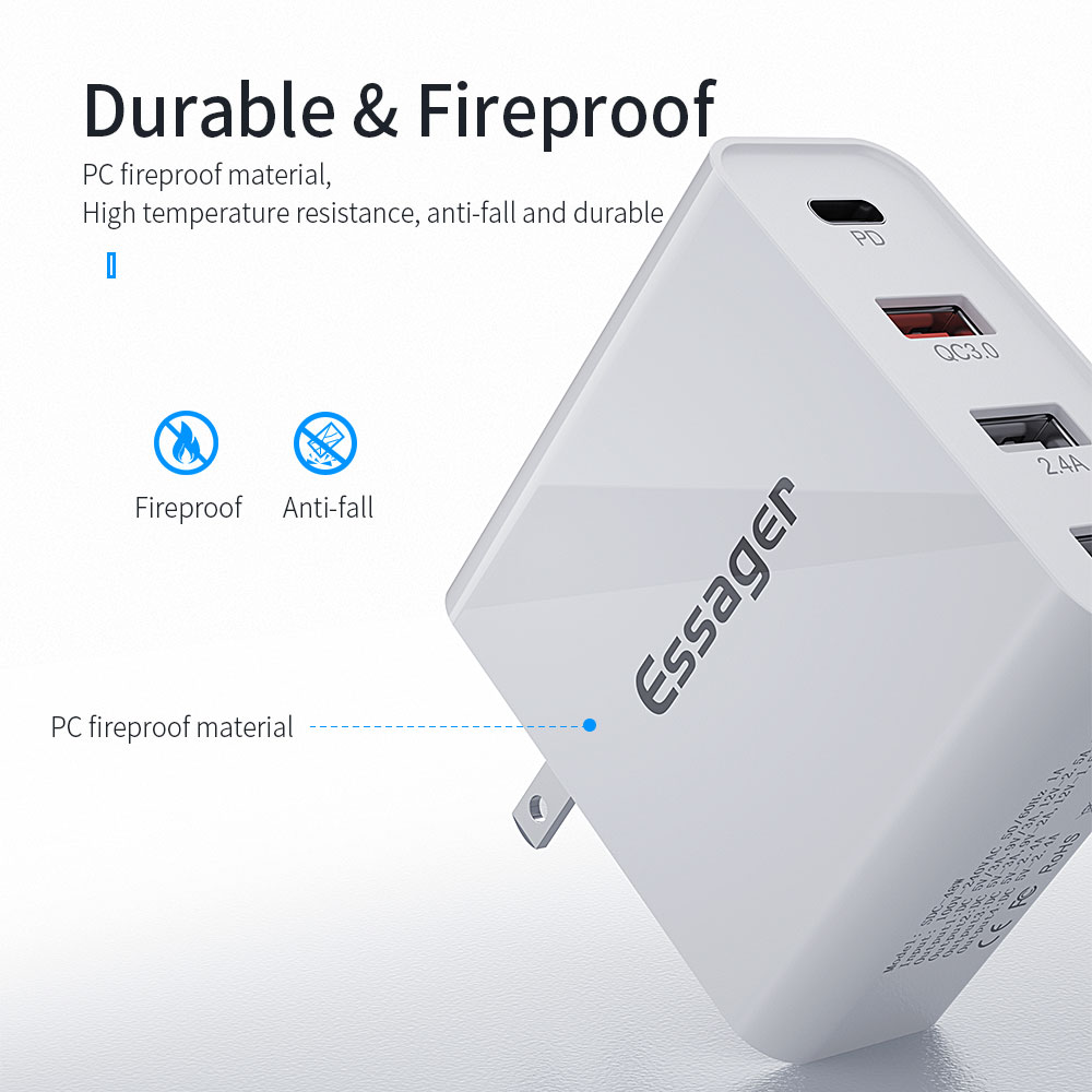Essager 2021 Earl High-quality Essager 48W PD Charger 4 Port Wall Charger QC3.0 Wall Charger UK US Adapter