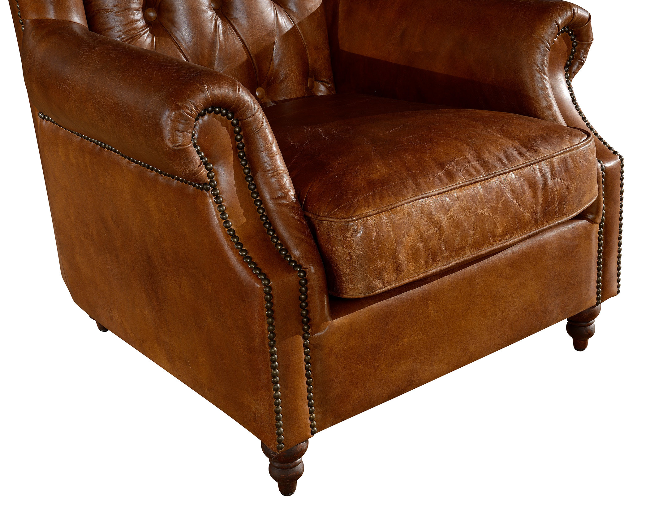Georgian Style High Backed Winged Leather Chairs , Brown Leather Armchair Deep Buttoned Back